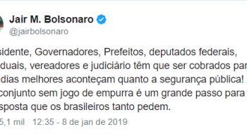 Bolsonaro: autoridades devem ser cobradas para melhorias na segurança